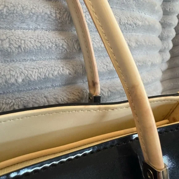 Y2K Beijo Black and Cream Patent Shoulder Tote with Gold Charm - Picture 7 of 12